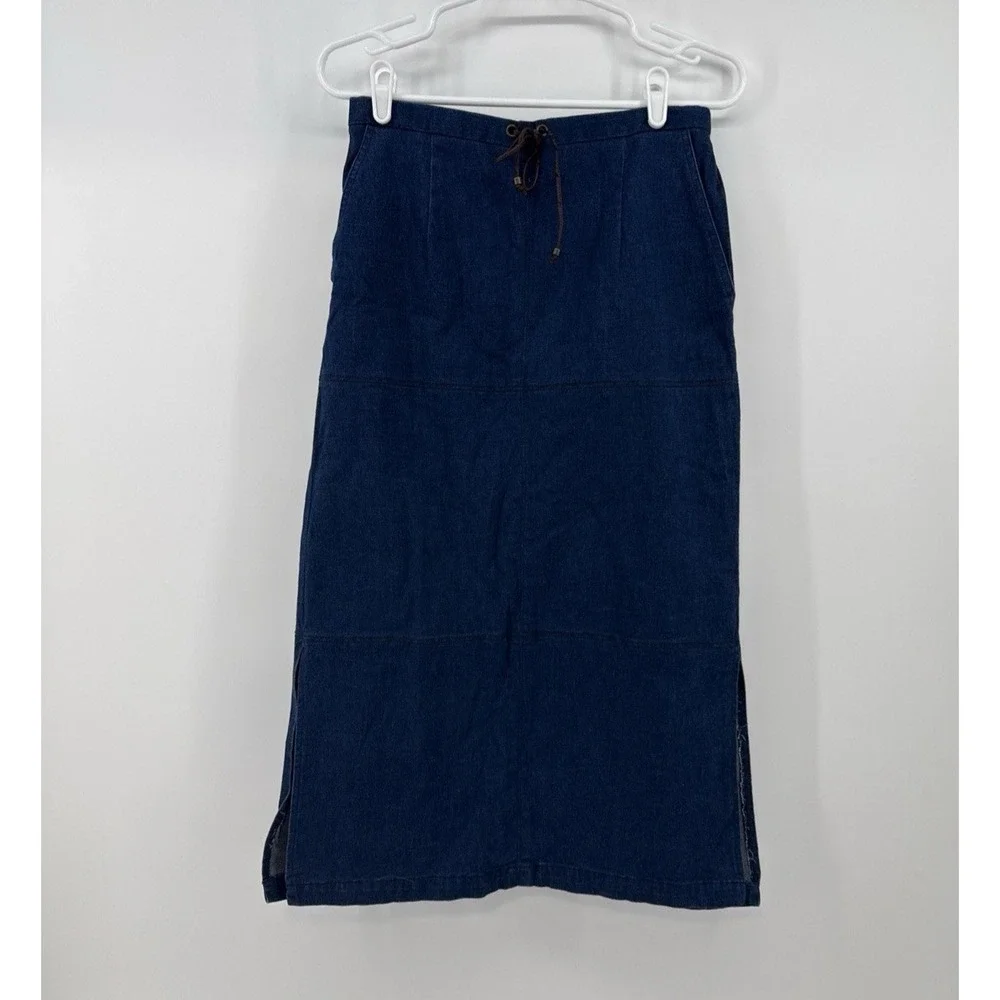 Y2K Denim Jean Maxi‎ Skirt Cargo Tie Waist Modest Casual Boho 90s Grunge Size 8